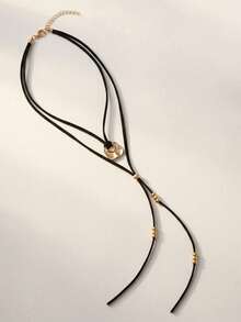 1pc Vintage Black Rope Necklace With Geometric Square Pendant And Multiple Spherical Metal Multi-Layer Y-Shaped Necklace, Suitable For Daily Wear, Gifts, Vacation And Party, Women's Necklace - Golden - View 2