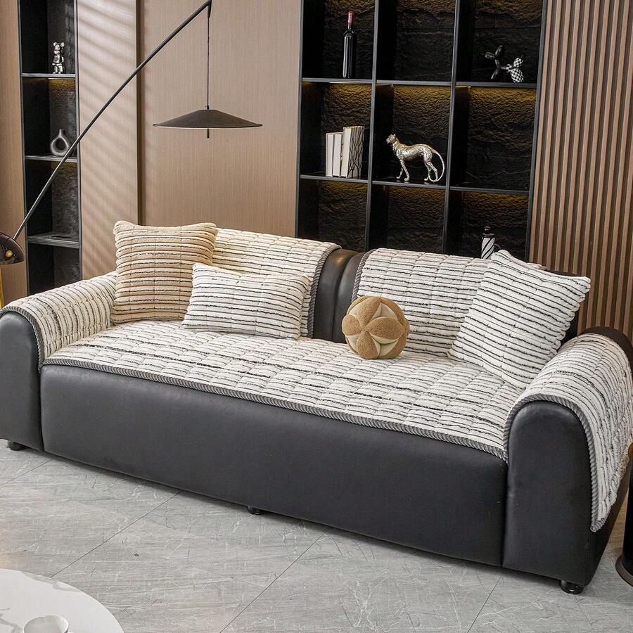 1pc Striped Plush Sofa Cushion Cover, Non-Slip Washable Sofa Protector, Suitable For Pet Owners, Families And Children, Modern Neutral Minimalist Style, Applicable For Living Room And Apartment Daily Decoration, Multiple Sizes And Colors Available - White - View 1