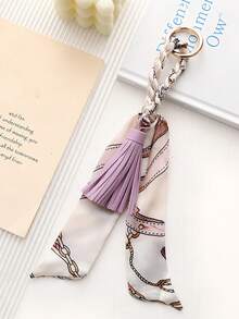 1pc French Style Tassel Scarf Keychain, Luxury Fashion Ribbon Bow Bag Charm, Scarf Tassel Pendant Key Ring, Car Key Decorative Hanging Ornament - Multicolor - View 20
