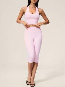 TimeOff Setelan Olahraga Wanita Satu Set Warna Polos, Atasan Tank Top Halter V-Neck Pendek & Celana Panjang Sedang Pinggang Tinggi - Berwarna merah muda - View 8