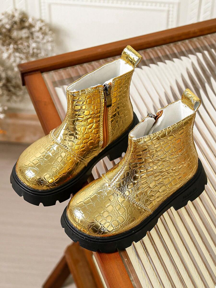Sepatu Bot Anak-Anak Musim Gugur/Dingin Motif Buaya Mengkilap dengan Hiasan Berlian Imitasi dan Gesper Persegi, Resleting Samping, Sol Tebal, Sepatu Bot Modis untuk Runway - Emas - View 1