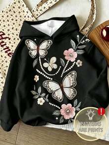 Young Girl Cartoon Pattern Warm Hooded Sweatshirt - Black - View 1