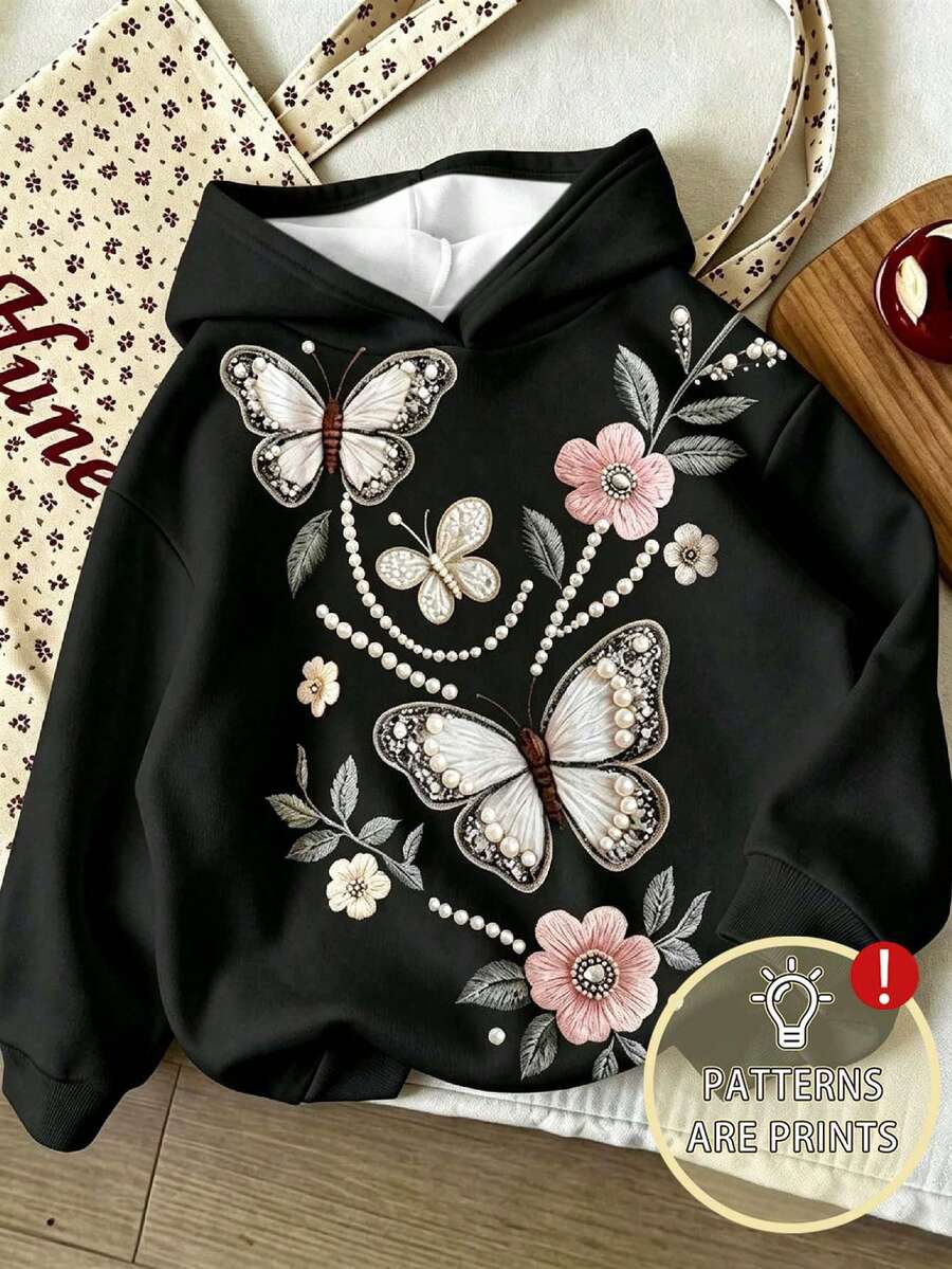 Young Girl Cartoon Pattern Warm Hooded Sweatshirt - Black - View 1