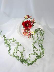 1/3/5件優雅波希米亞風紅色花卉手臂花環，配白色點綴與綠葉，浪漫新娘手臂飾品，適合晚宴派對攝影 - 紅色 - 查看 2