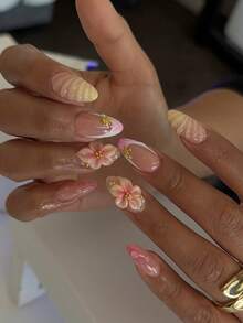 24片短杏仁形夏季法式風格美甲貼片，3D花朵水滴貝殼美甲設計，可愛合金壓克力穿戴甲，凝膠美甲套組（含1片果凍膠與1片美甲锉），適合女性日常配戴、約會與派對 - 彩色 - 查看 8