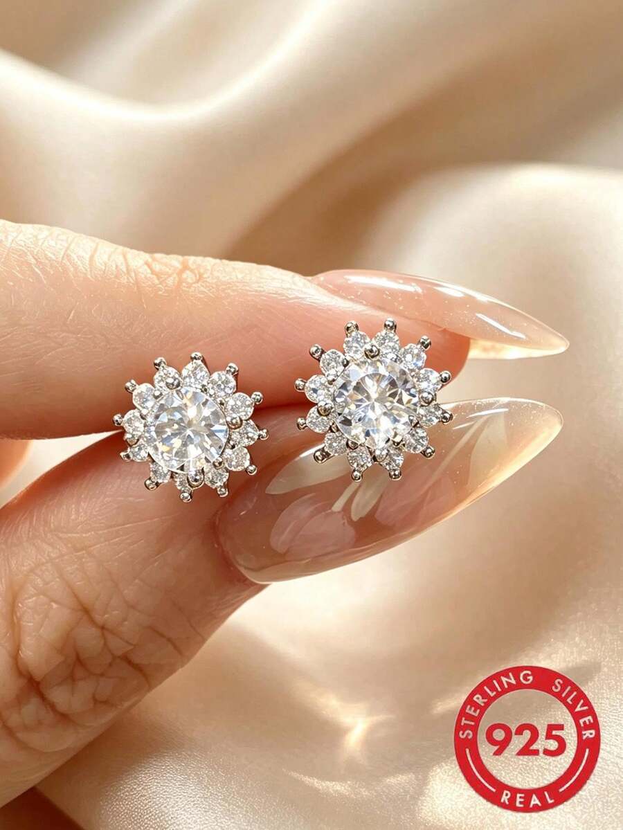 1 Pair S925 Sterling Silver Inlaid Synthetic Zirconia Sunflower Stud Earrings, Elegant Elegant Women's Daily Wear Quality Jewelry - Silver - View 1