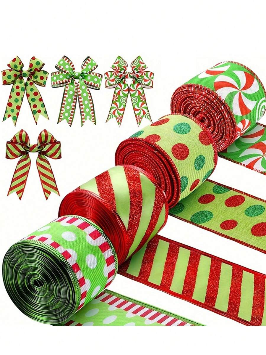 4/2/1pc Red & Green Christmas Ribbon, Christmas Gift Wrapping Ribbon, Holiday Packaging Ribbon, Christmas Party, Holiday Decoration Ribbon, Christmas Tree Ribbon, Handmade Bow DIY Accessories, Christmas Gift Wrapping Ribbon With Shiny Stripes And Polka Dot Pattern, Suitable For Christmas Gift Wrapping, Christmas Holiday Wreath Decoration, Christmas Party Decoration, Holiday Wreath, Bow Decoration And More - Multicolor - View 1