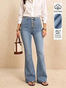 Women's Elegant Elegant Style All-Season New Minimalist Vintage Design Front Pocket Denim Flare Jeans Extra Long - Light Wash - View 1