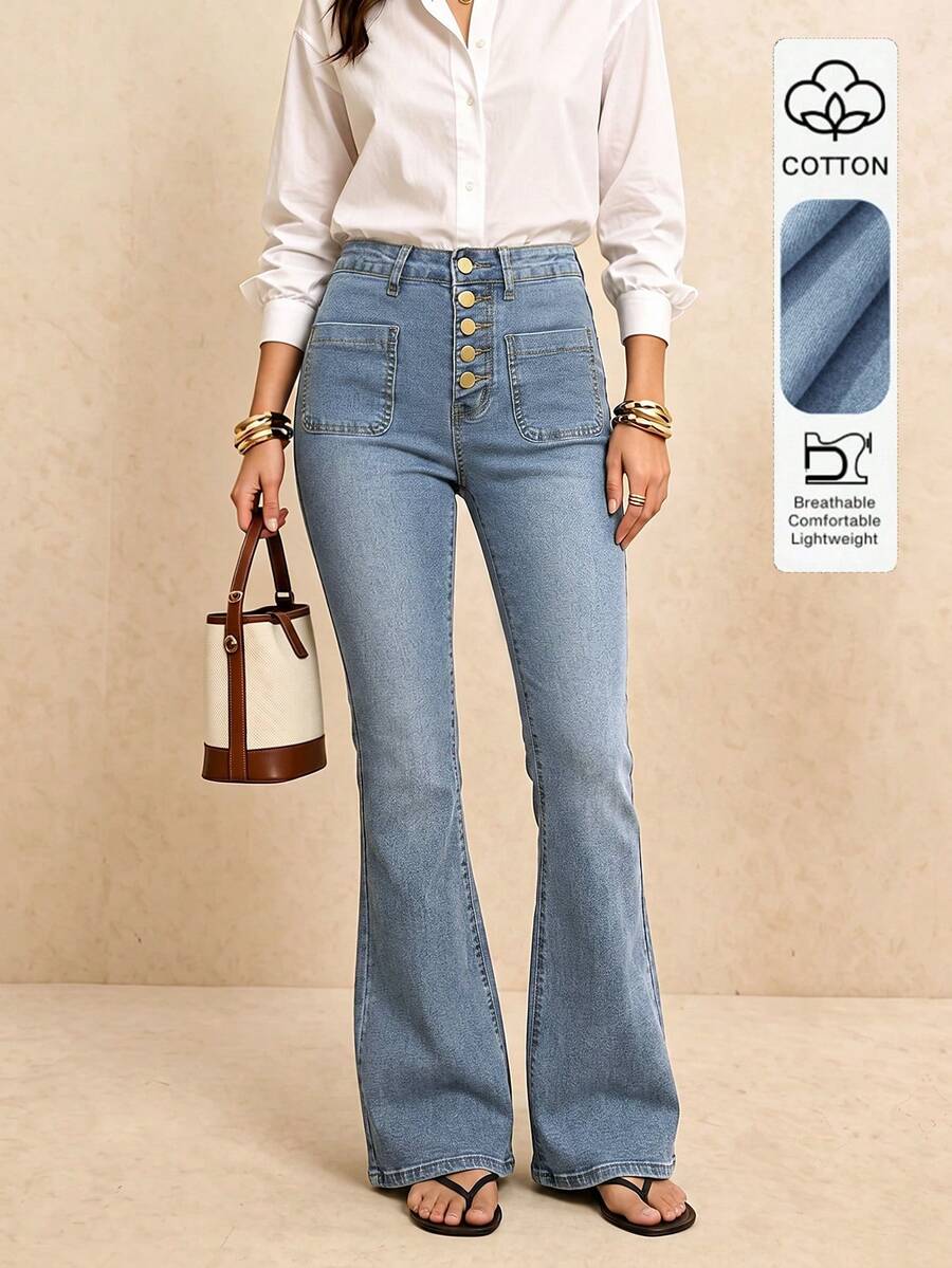 Women's Elegant Elegant Style All-Season New Minimalist Vintage Design Front Pocket Denim Flare Jeans Extra Long - Light Wash - View 1
