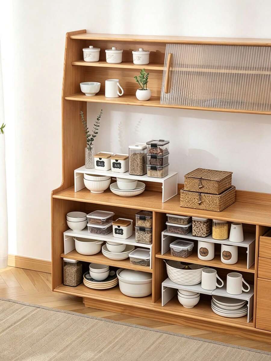 Expandable Kitchen Storage Rack, Bowl And Plate Layered Organizer, Countertop Cabinet Shelf, Layered Rack, Spice Rack, Desktop Storage Rack, Shoe Rack, Multi-Purpose, Disposable Slouchy Cloth, Adjustable Closet Shelf Divider - Expandable Storage Rack, Suitable For Wardrobe, Bathroom, Kitchen - No Drilling Required, Easy Installation, Comes With Adhesive Pads - Multi-Purpose Divider System, Kitchen Supplies, Kitchen Accessories, Kitchen Tools - Multicolor - View 1