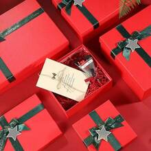 Christmas, New Year Holiday Multi-Piece Red Gift Boxes Set With Dark Green Ribbon Bows And Star Ornaments, Suitable For Indoor Living Room, Fireplace, Tabletop, Yard Gate, Christmas Tree And Other Holiday Decoration Gift Packaging - View 11
