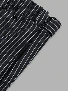 Aflion Women's Elegant Black & White Pinstripe Wide Leg Pants - High Waist, Gold Button Detail - Black - View 4