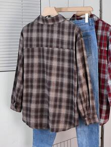 Women's Autumn Brushed Plaid Front Button Pocket Home Shirt - Brown - View 2