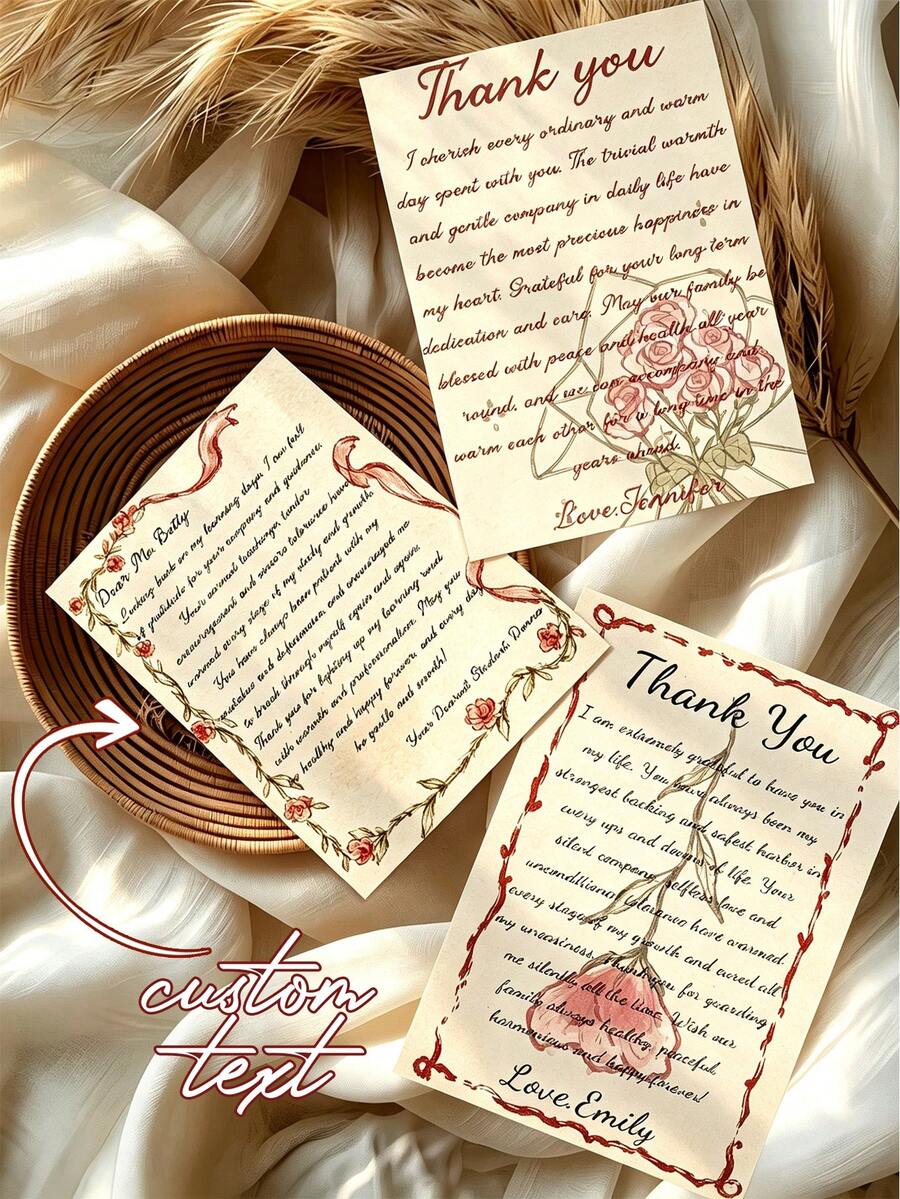 Custom Vintage Floral Border Thank You Cards, 5 Designs, Personalized Text Printable Note Cards, Vintage Gratitude Stationery, Beautiful Gift For Teachers, Friends, Lovers, Elders, Suitable For Birthday, Graduation, Holiday Confession Souvenirs - Customized Greeting Cards - View 1