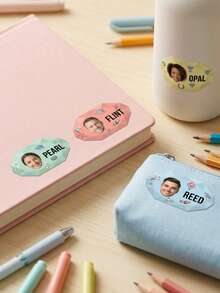 客製化幾何鑽石照片姓名貼紙，開學季可愛客製文字姓名貼，適用兒童隨行杯、文具、背包用品 - 彩色 - 查看 5