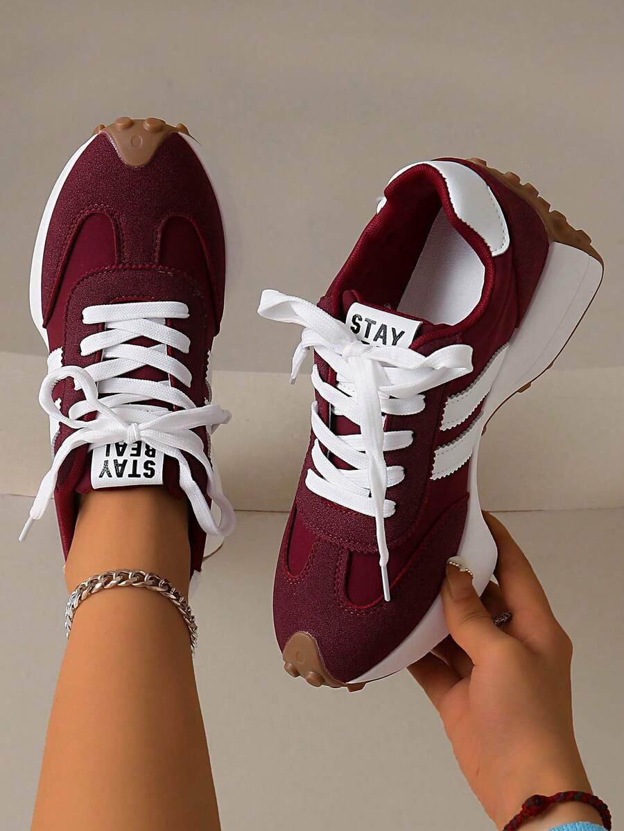2026 New Retro Suede Sneakers Women, Blue White Casual Lace-Up Trainers, Comfortable Non-Slip Chunky Sole Running Shoes - 紅色 - 查看 1