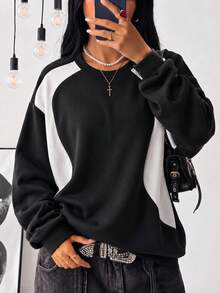 Sweatshirt Wanita Model Longgar Minimalis Warna Blok Patchwork Kasual Serbaguna untuk Musim Gugur/Dingin Terbaru - Hitam - View 3
