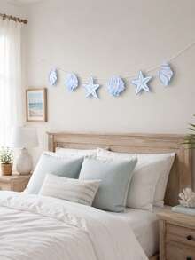 1pc Ocean Theme Party Decoration Banner Garland, Summer Beach Style Blue & White Shell Wall Banner, Nordic Style Ocean Theme Wall Decor, Seaside Vacation Home Decor Marine Life Ornament - Ocean Theme - View 5
