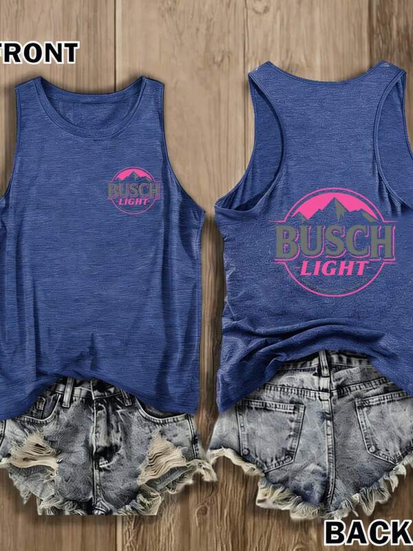 Camiseta sin mangas de espalda de corredor para mujer, logotipo de montaña rosa claro Busch, estampado doble cara, estilo occidental, casual de verano para exteriores