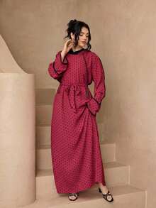 時尚百搭波點連帽長款女款 2 件套優雅柔軟 Abaya 外罩袍 + 腰帶套裝 防曬穆斯林服飾披肩 - 玫紅色 - 查看 3