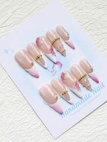 10PCS-Handmade Press On Nails, Long Pointed Shape, Fake Nails, Y2K Style, Sturdy, Reusable, White, Paired With French Style, 3D Design, Suitable For Daily Wear, Parties, Vacations, And Also The Best Holiday Gift For Girls And Women. - White - View 3