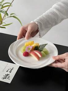 1pc Minimalist Pure White Ceramic Plate With Lotus Leaf Edge, Ceramic Plate For Home Afternoon Tea, Dessert, Cake And Dining - White - View 4
