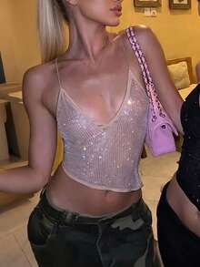 DOUCIU 女款水鑽不對稱細肩帶修身背心，性感夜店風 - 杏色 - 查看 3
