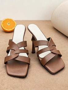 A Pair Of Women Heeled Sandals Cross Strap Square Toe Block Heel PU Minimalist White Casual Work Style - Brown - View 4