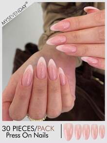 30pcs Short Almond Press On Nails, Glossy Nude Pink Gradient False Nails, Natural Artificial Nails Set With Jelly Glue And Nail File Suitable For Gatherings, Festivals, And Daily Use - Multicolor - View 1