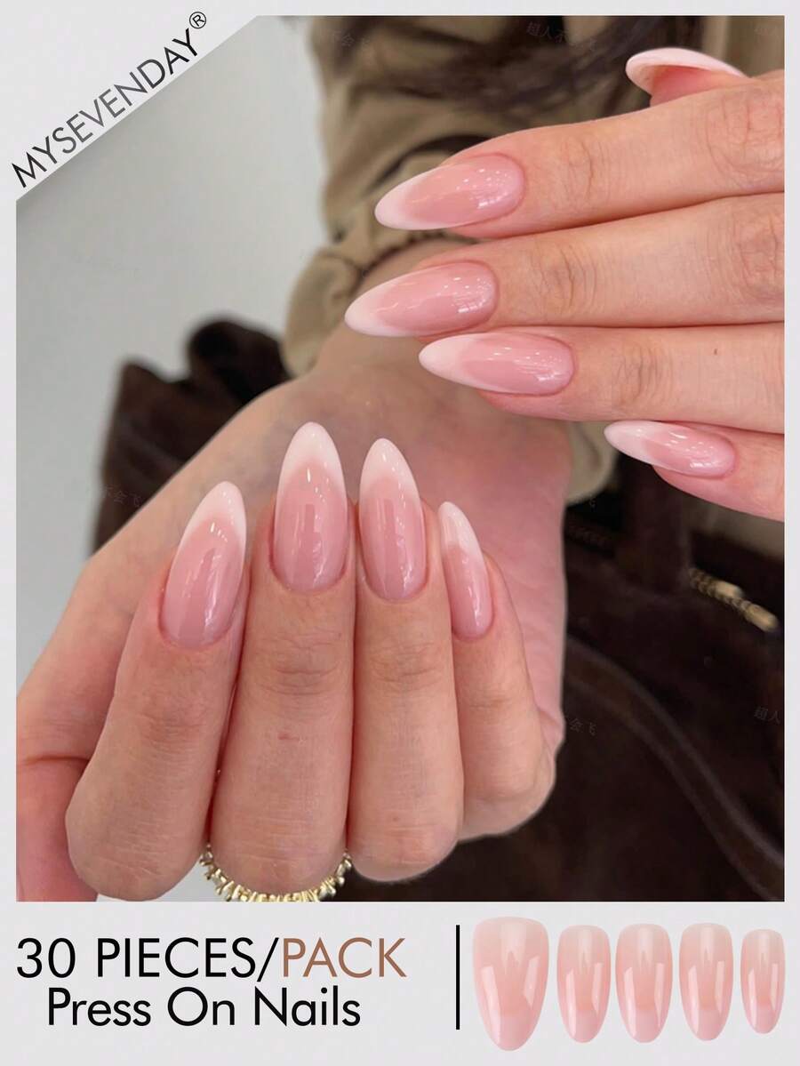 30pcs Short Almond Press On Nails, Glossy Nude Pink Gradient False Nails, Natural Artificial Nails Set With Jelly Glue And Nail File Suitable For Gatherings, Festivals, And Daily Use - Multicolor - View 1