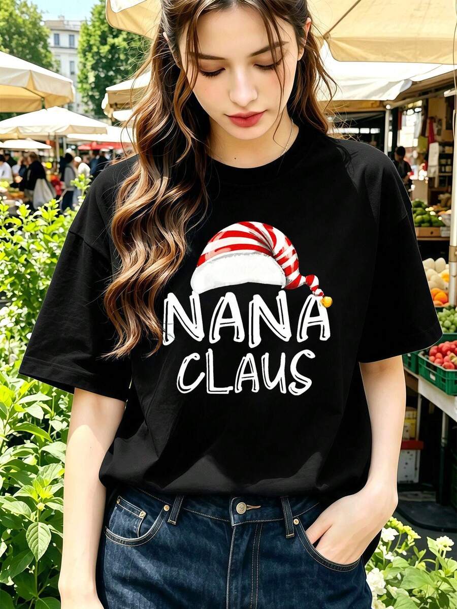 Navy shirt with graphic print of abuela Claus. First quality fabric ...