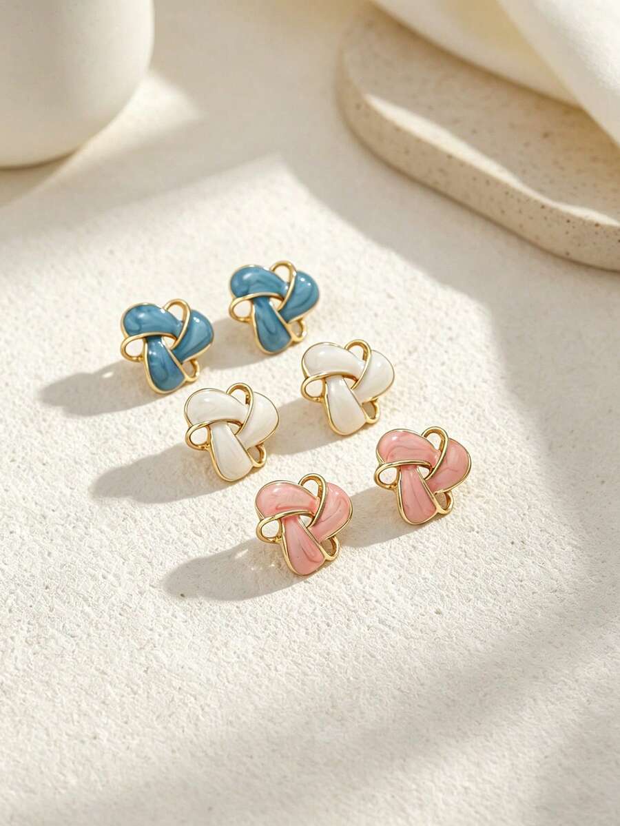 6pcs Twisted Enamel Stud Earrings Set, Soft Macaron Daily Accessories, Anniversary Gift - Multicolor - View 1