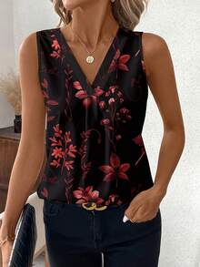 [Free Shipping]Elegant Vintage Floral Print V-Neck Tank Top For Women - Sleeveless, Button Detail, Perfect For Spring/Summer Casual Wear - Mixed - View 2