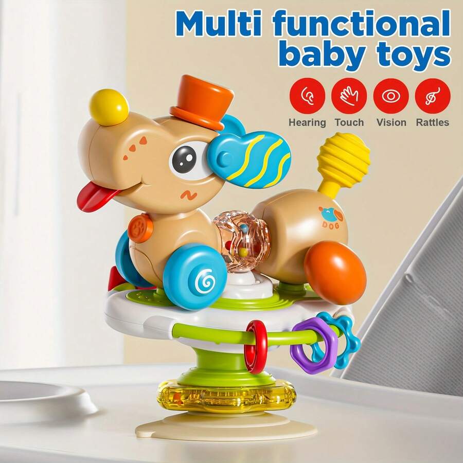 Cute Cartoon Dog High Chair Suction Toy, Rotating Interactive Baby Sensory Toy With Teether Rings, Light & Sound Developmental Rattle Toy, Infant Dining Table Educational Gift For Newborn Toddlers 18M+