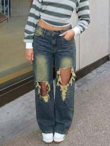 Women's Distressed Large Ripped Loose Straight Leg Denim Jeans - Light Wash - View 1