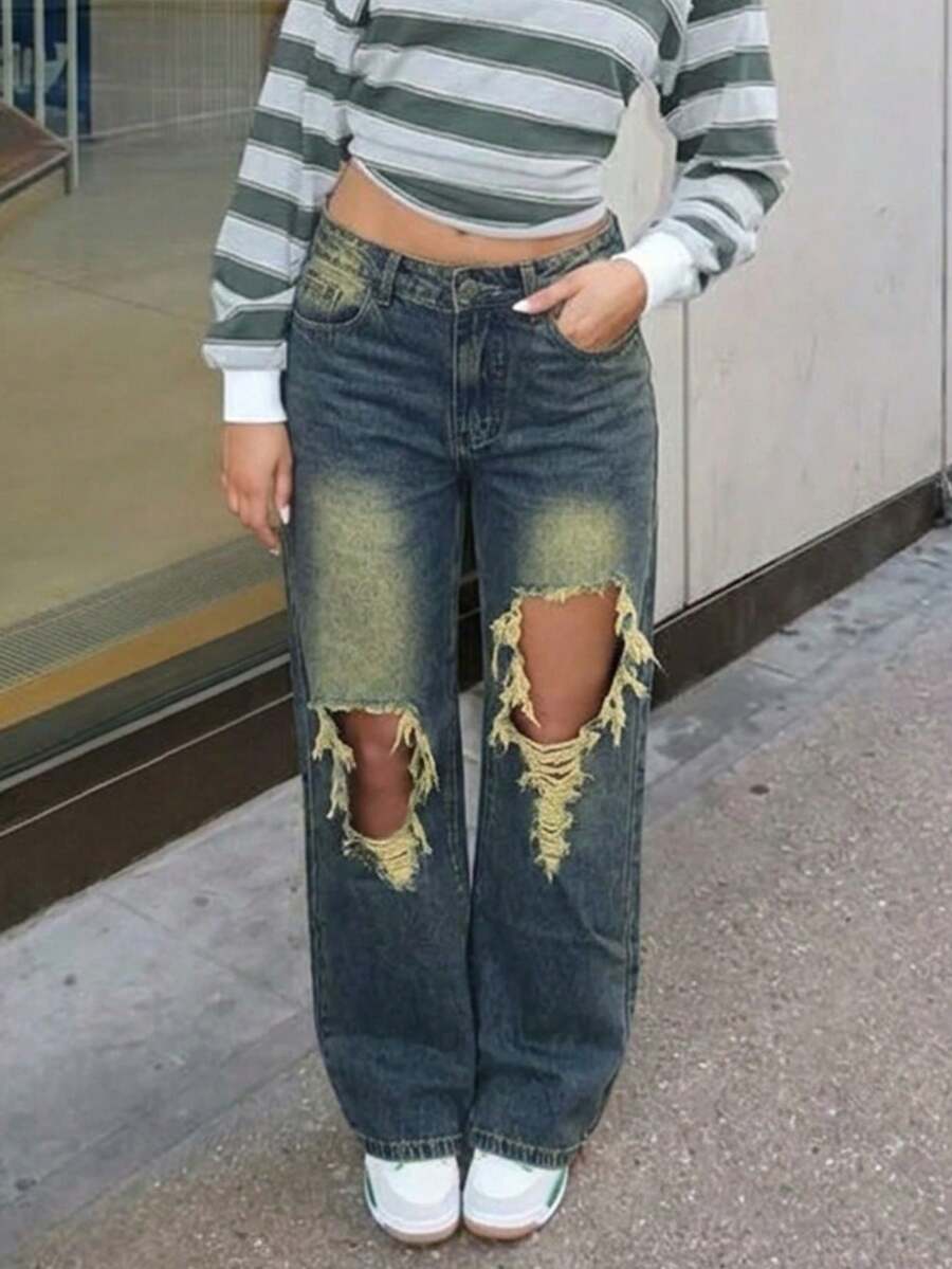 Women's Distressed Large Ripped Loose Straight Leg Denim Jeans - Light Wash - View 1