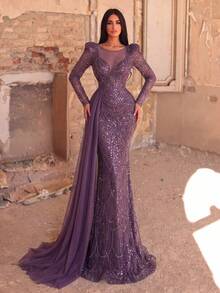 Faeriesty Elegant Sequin Long Sleeve Evening Gown With Flowing Train, Luxurious Fitted Sheer Sleeve Design Wedding Party Fall - Purple - View 1