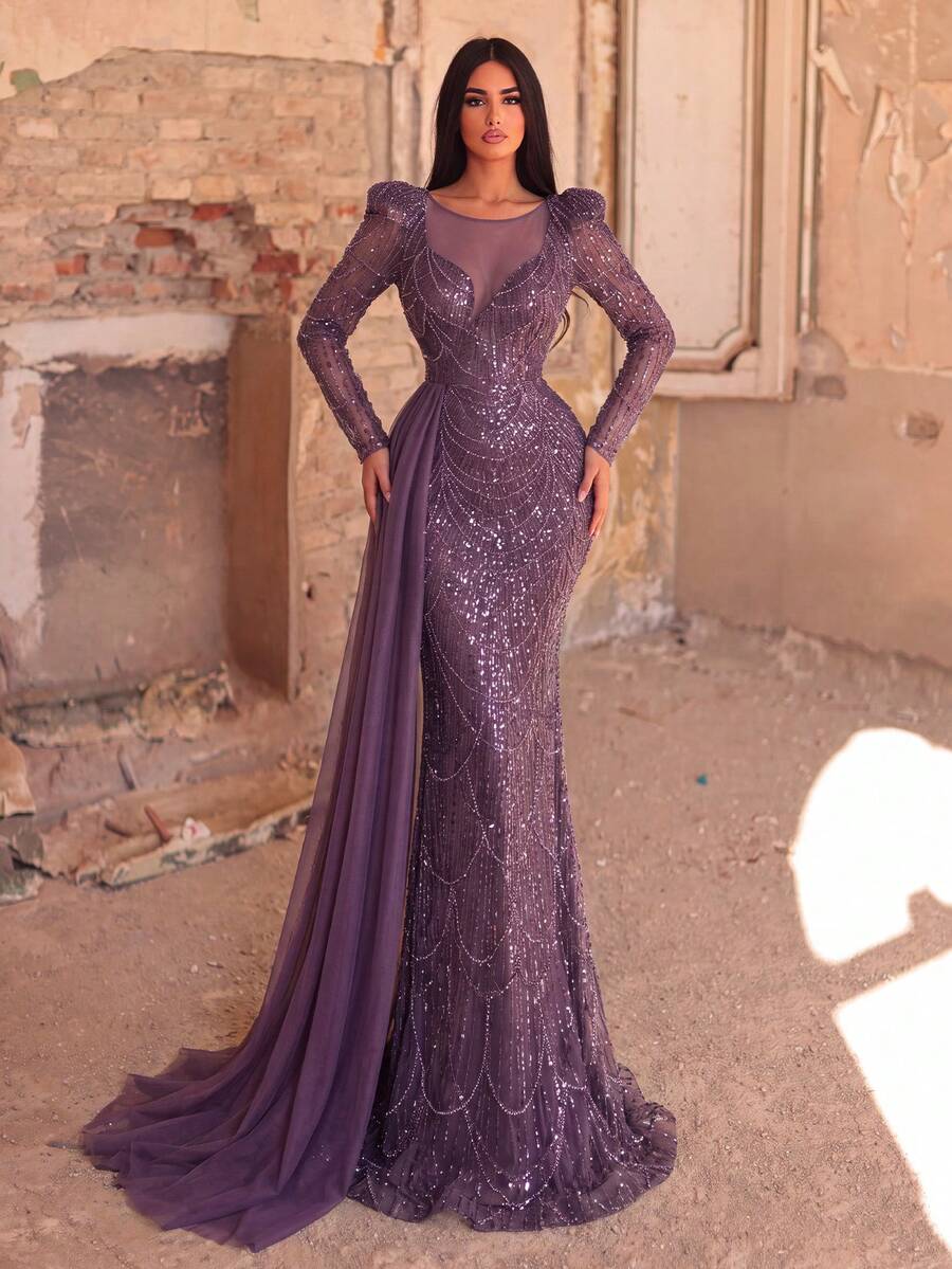 Faeriesty Elegant Sequin Long Sleeve Evening Gown With Flowing Train, Luxurious Fitted Sheer Sleeve Design Wedding Party Fall - Purple - View 1