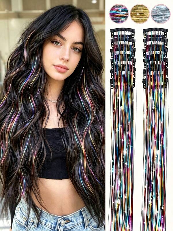 12pcs Shiny Hair Clips, 20 Inch Glitter Hair Extensions, Clip-In Synthetic Hair, Hair Accessories Set, Heat-Resistant Shiny Fairy Hair Accessories, Suitable For Women And Girls Daily Wear, Party And Halloween, Claw Clips, Hair Claws, Hair Clips, Hair Pins