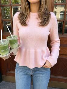 Women's Pink Long Sleeve Knit Ruffle Hem Pullover Sweater, Fashionable Autumn Top - Pink - View 4
