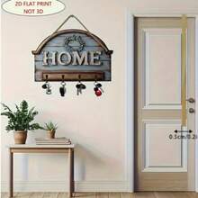 2D Flat Print, Wooden "Home" Key Rack, Easy Installation, With 4 Metal Hooks, Wooden Key Rack, Decorative Wall Hooks, For Entryway And Hallway, Wall-Mounted - Multicolor - View 3