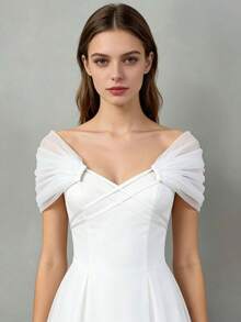 1pc White Tulle Criss-Cross Design Off-Shoulder Bridal Shawl, Summer Wedding Bride Party Elegant Women's Evening Dress Layering Accessory - A - View 1