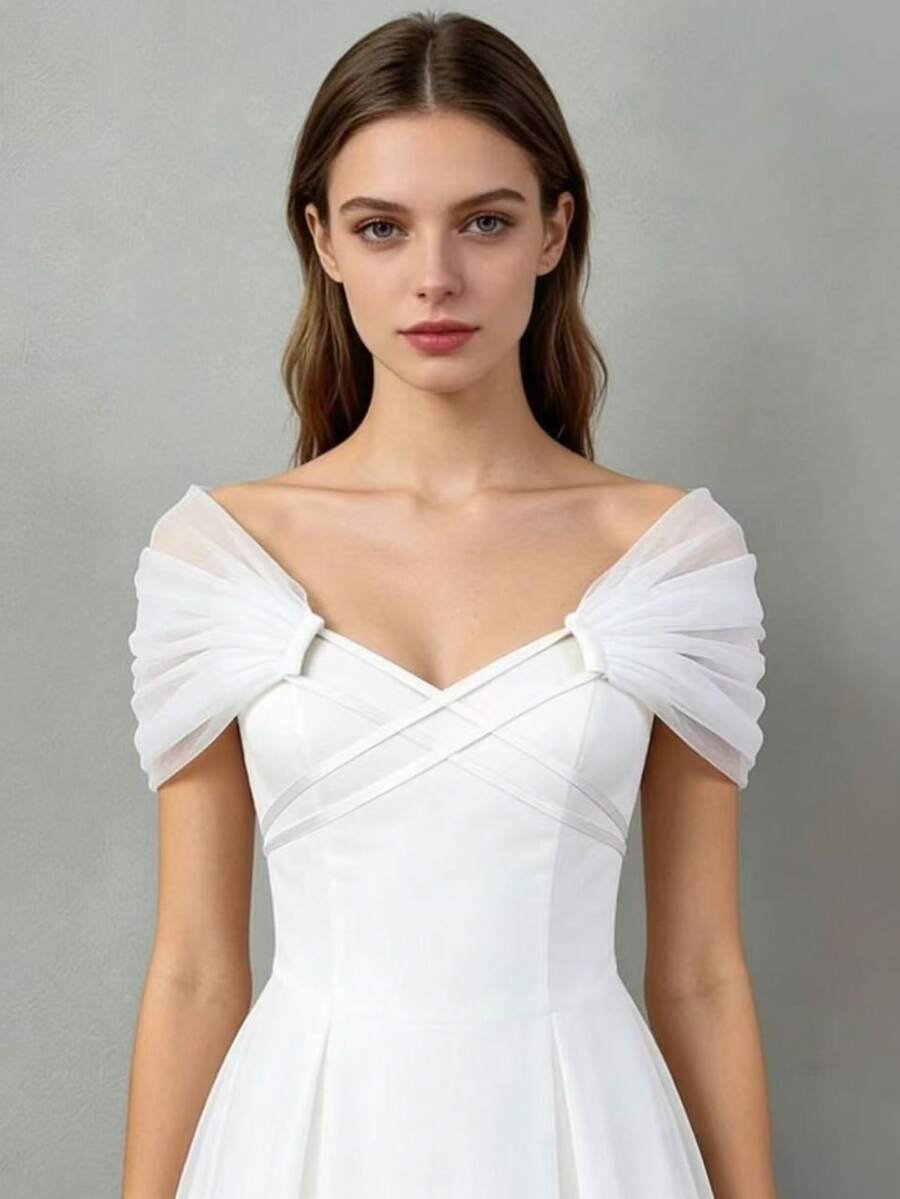 1pc White Tulle Criss-Cross Design Off-Shoulder Bridal Shawl, Summer Wedding Bride Party Elegant Women's Evening Dress Layering Accessory - A - View 1