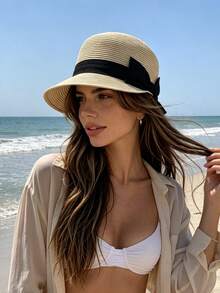 1pc Women's Bohemian Fashion Straw Bow Equestrian Hat, Sun Protection Summer Beach Hat, Suitable For Vacation, Daily Wear And Beach - Multicolor - View 16