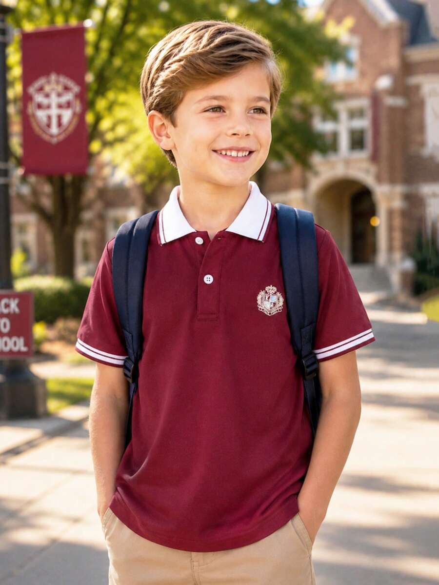 男孩英式學院風鮮豔對比飾邊短袖 Polo 衫,適合學校、戶外活動、派對、休閒穿著、表演、晚餐、度假、返校季 - 酒紅色 - 查看 1