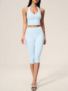 TimeOff Women's One Set Solid Color Halter V-Neck Cropped Tank Top And High Waist Mid-Length Pants Sports Set - Blue - View 9