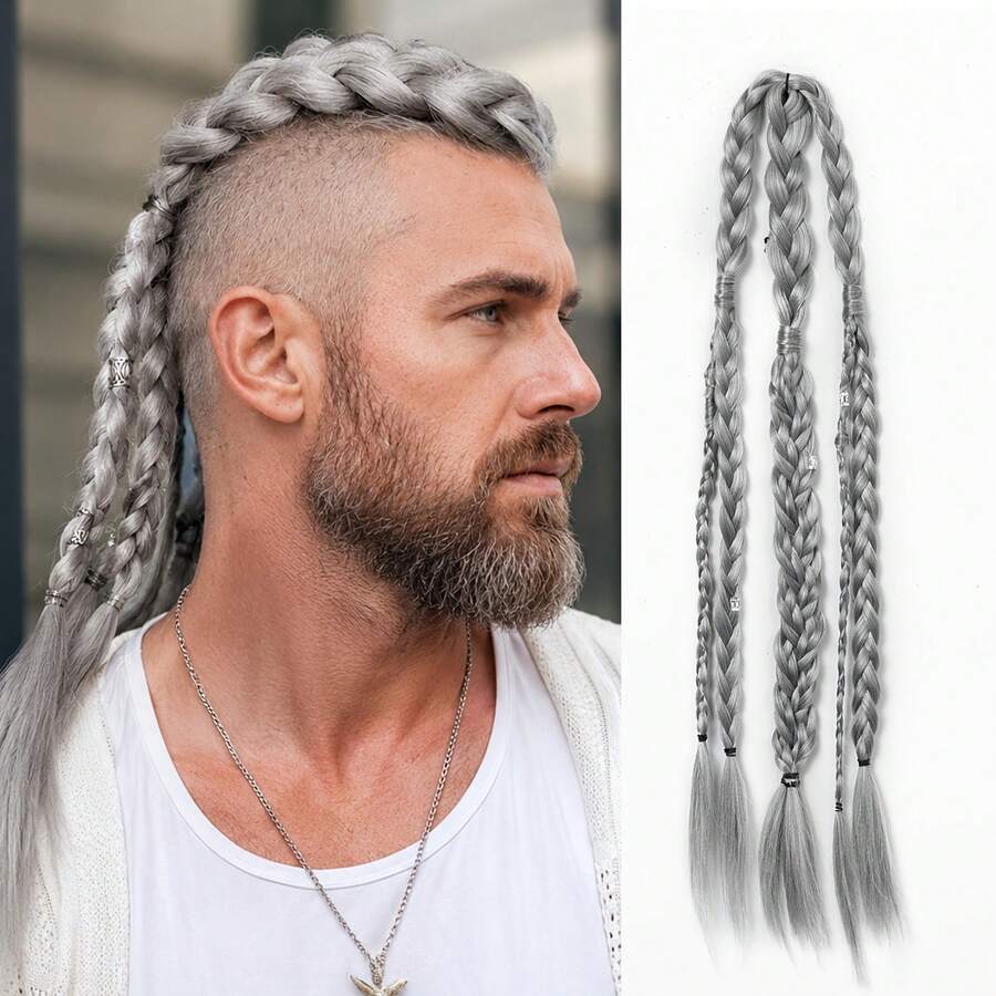 24 Inch Viking Men's Hair Extensions, Handmade Braided Clip-In Ponytail Hair Piece, Suitable For Viking Costume And Renaissance Warrior Accessories, Halloween - Multicolor - View 1