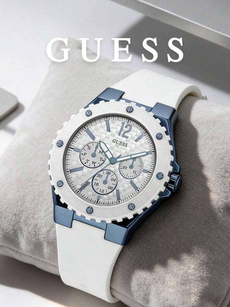 Guess Women's Multifunction Quartz Watch White Silicone Strap Blue Bezel Textured Dial Accessory Suitable For Road Trips And Travel Adventures - White - View 1