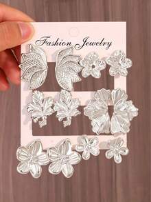 2/12 piezas Pendientes elegantes de moda para mujer con diseño floral y de hoja, conjunto de pendientes de botón con elementos geométricos de metal vintage, pétalos y hojas de arce, adecuados para uso diario, viajes, vacaciones y fiestas - Plateado - Ver 6