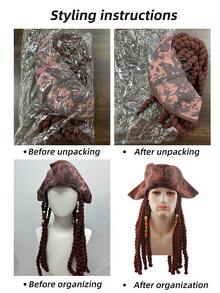 Multi Style Pirate Wig Set Black Brown Long Curly Braided Hair With Color Beads For Caribbean Captain Halloween Men Cosplay Costume Hairpiece - Multicolor - View 10